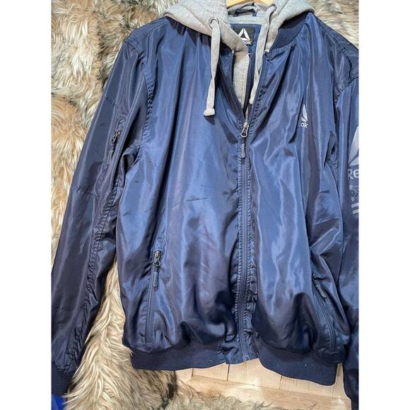 Reebok Navy Blue Fleece Lined Polyester Double Zipper Hooded Jacket / Coat Men L - Picture 2 of 7